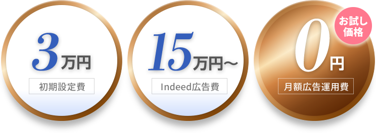 3万円 初期設定費 15万円～ Indeed広告費 0万円 月額広告運用費 （お試し価格）